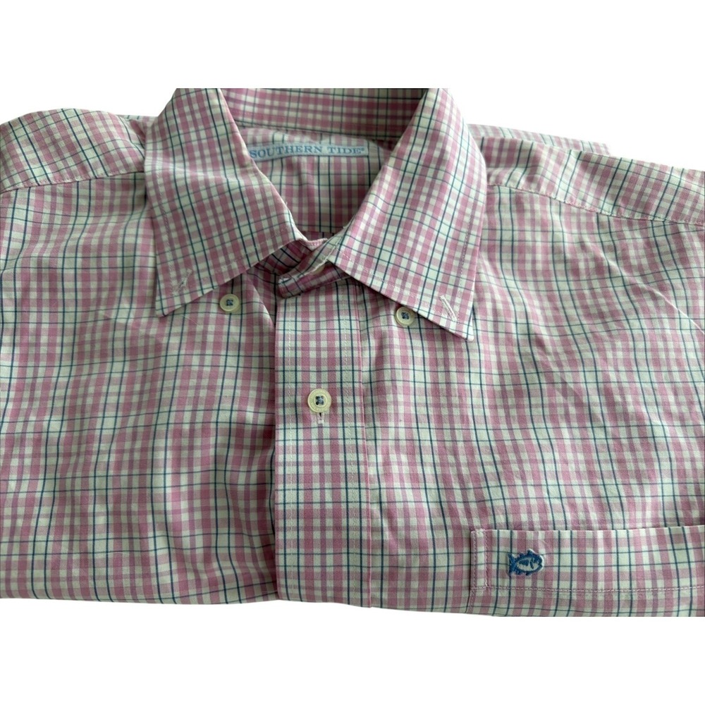 Southern Tide Mens Pink Blue Tattersall Check Button Down Shirt Large Stretch